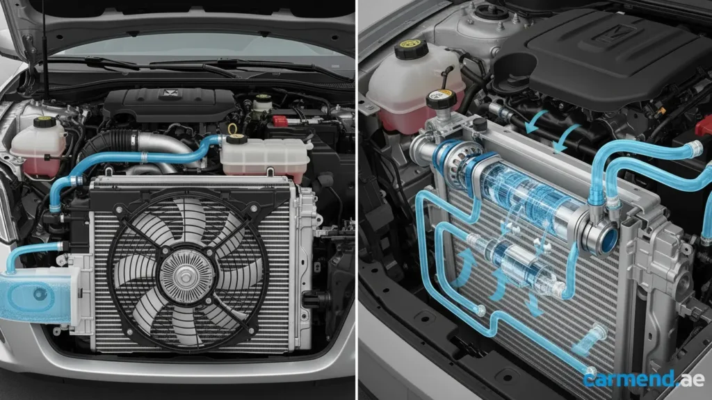 Car cooling system diagram showing radiator, hoses, and coolant flow