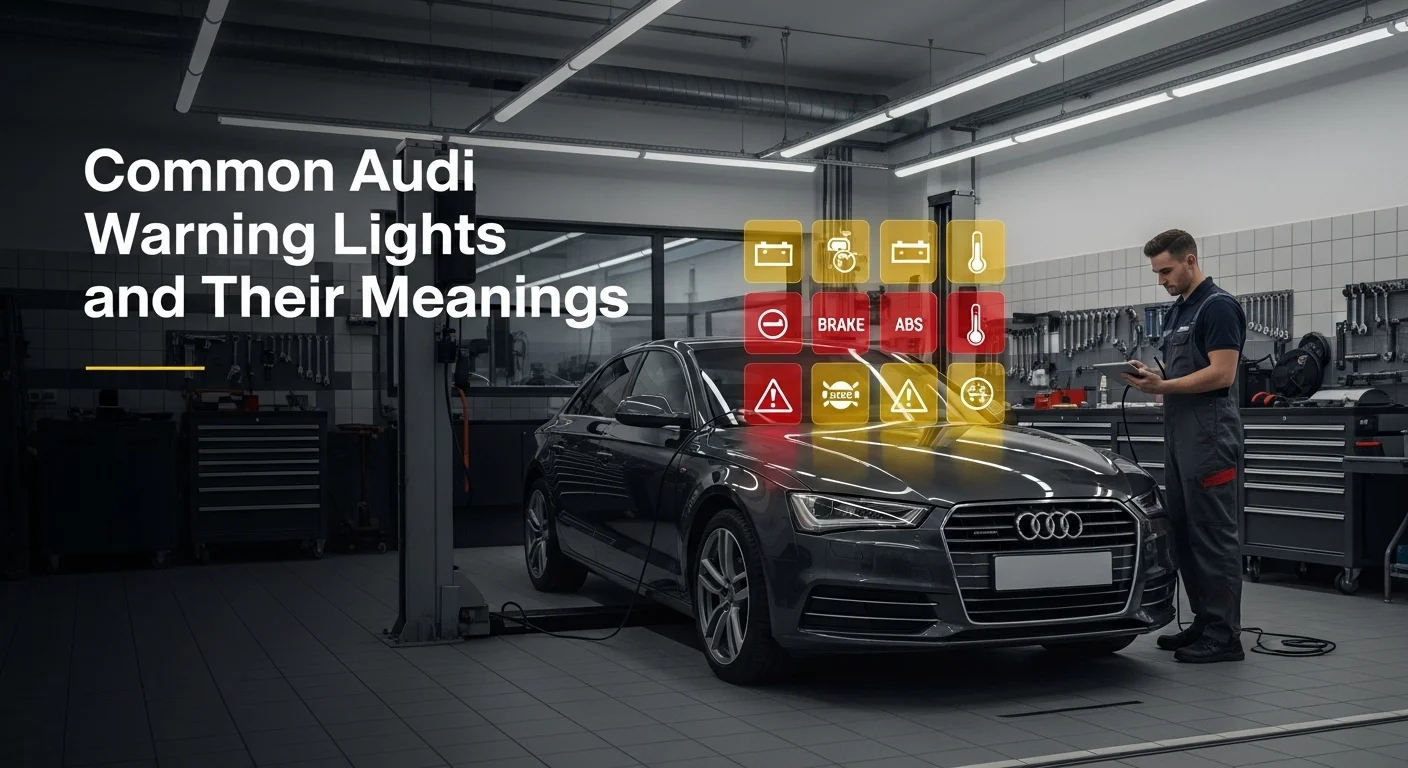 Audi dashboard displaying common warning lights and indicator symbols