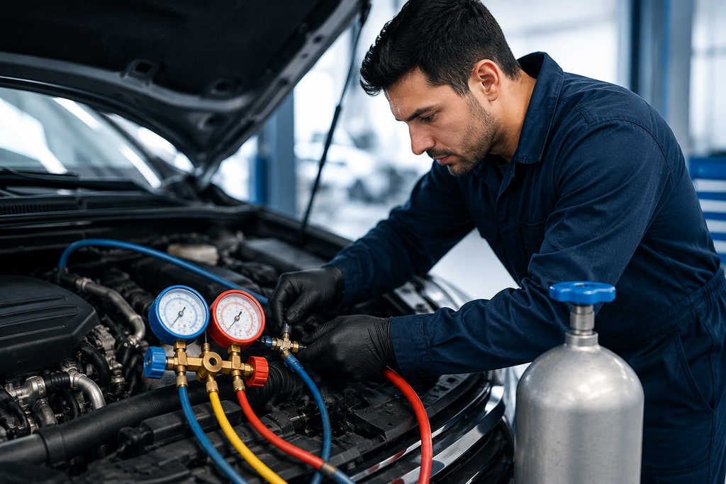 Auto mechanic inspecting and servicing a car air conditioning system with AC pressure gauges and refrigerant equipment in a professional workshop.
