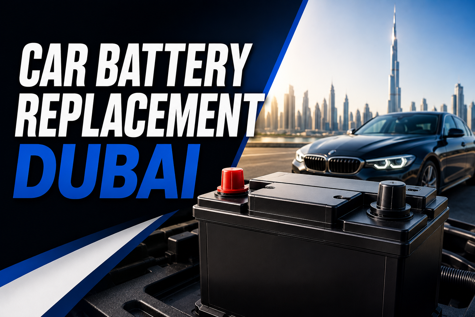 Car battery replacement Dubai with a car battery and luxury vehicle against the Dubai skyline.