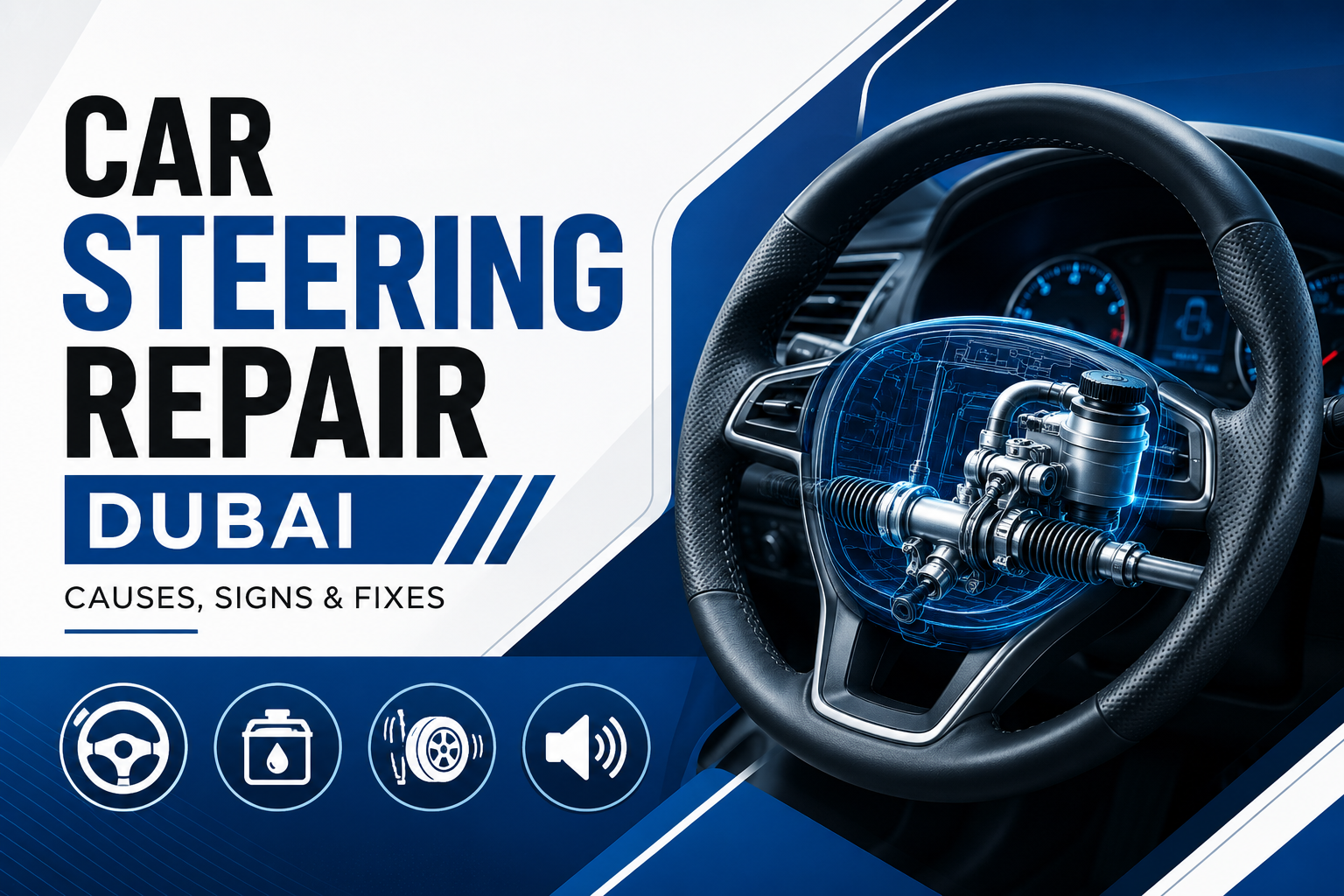 Car steering repair in Dubai featuring a modern steering wheel and steering system components in a blue, white, and black automotive service design.