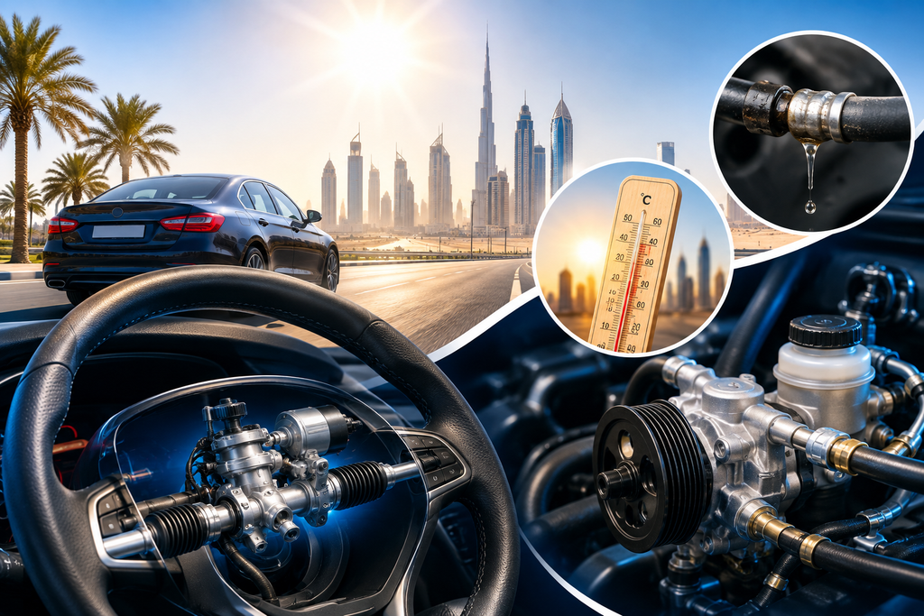 Car steering system components and steering wheel shown in Dubai's hot driving conditions, highlighting heat, fluid leaks, and power steering wear.