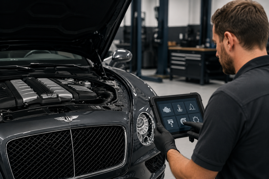 Bentley Continental GT engine undergoing professional diagnostic inspection in a workshop