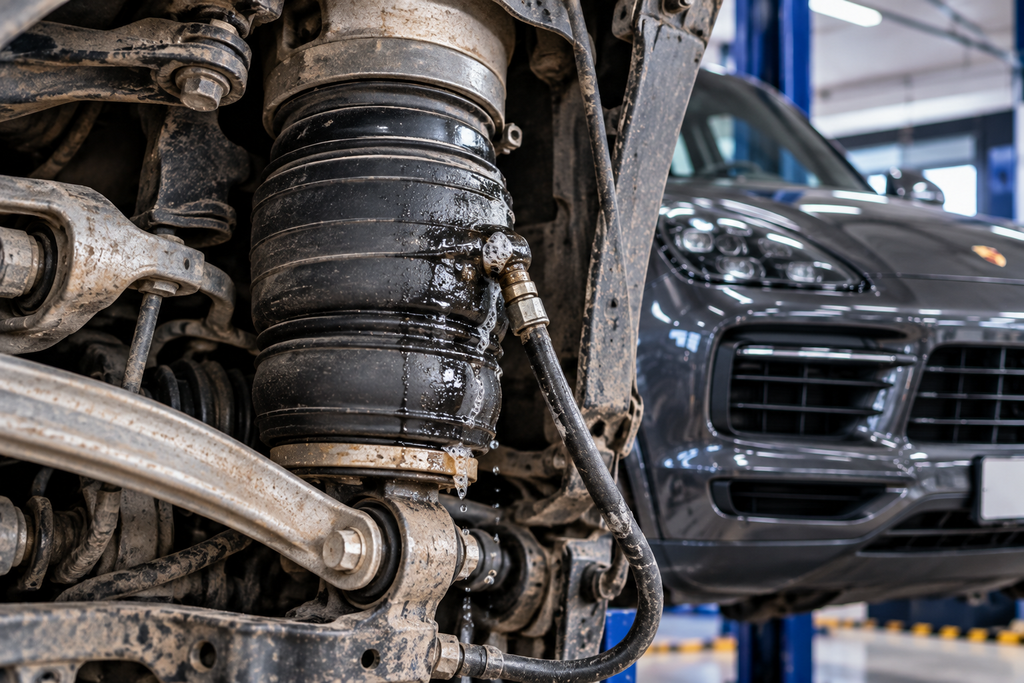 Close-up of a Porsche Cayenne air suspension air spring showing signs of an air leak during professional inspection.