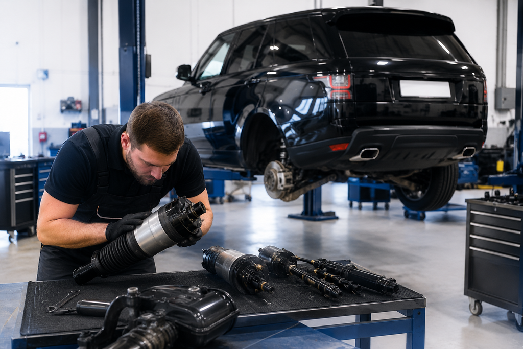 Mechanic inspecting a Range Rover air suspension component in a professional auto workshop, with a black SUV raised on a hydraulic lift in the background.