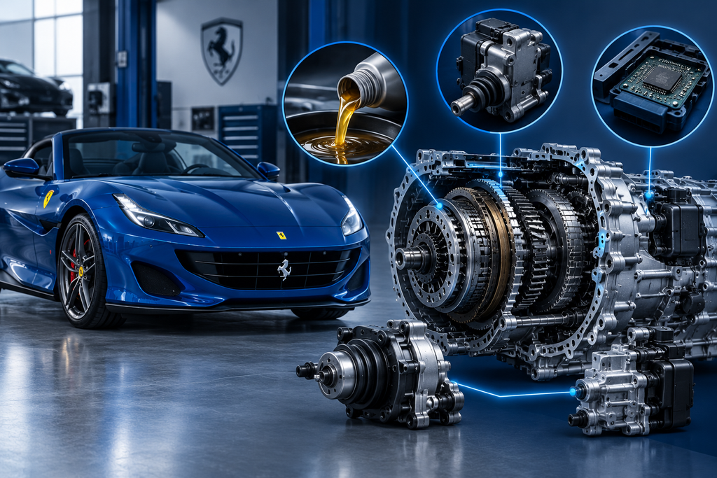 Ferrari Portofino dual-clutch transmission with clutch actuators, transmission fluid, and electronic components shown in a diagnostic garage.