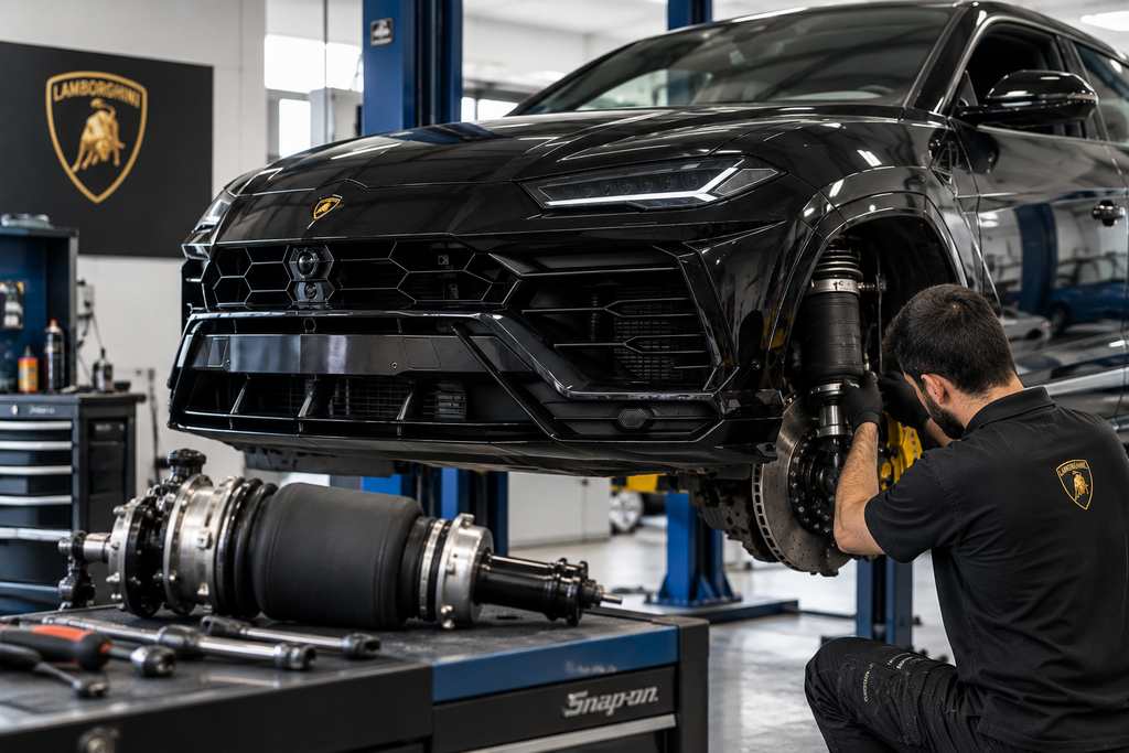Lamborghini Urus air suspension inspection with a technician checking the suspension system in a professional automotive workshop.