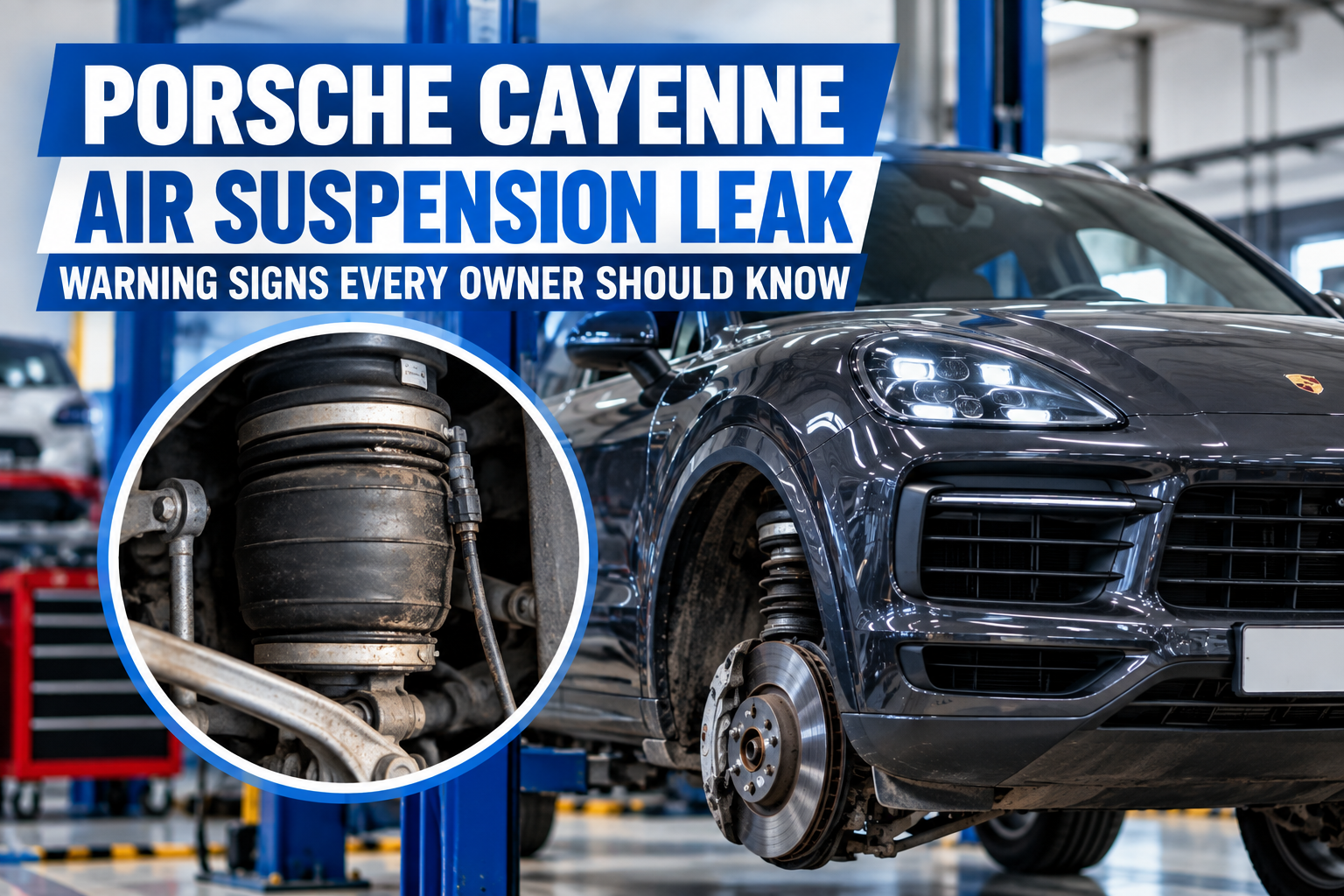 Porsche Cayenne air suspension leak warning signs and suspension repair in a professional automotive workshop.