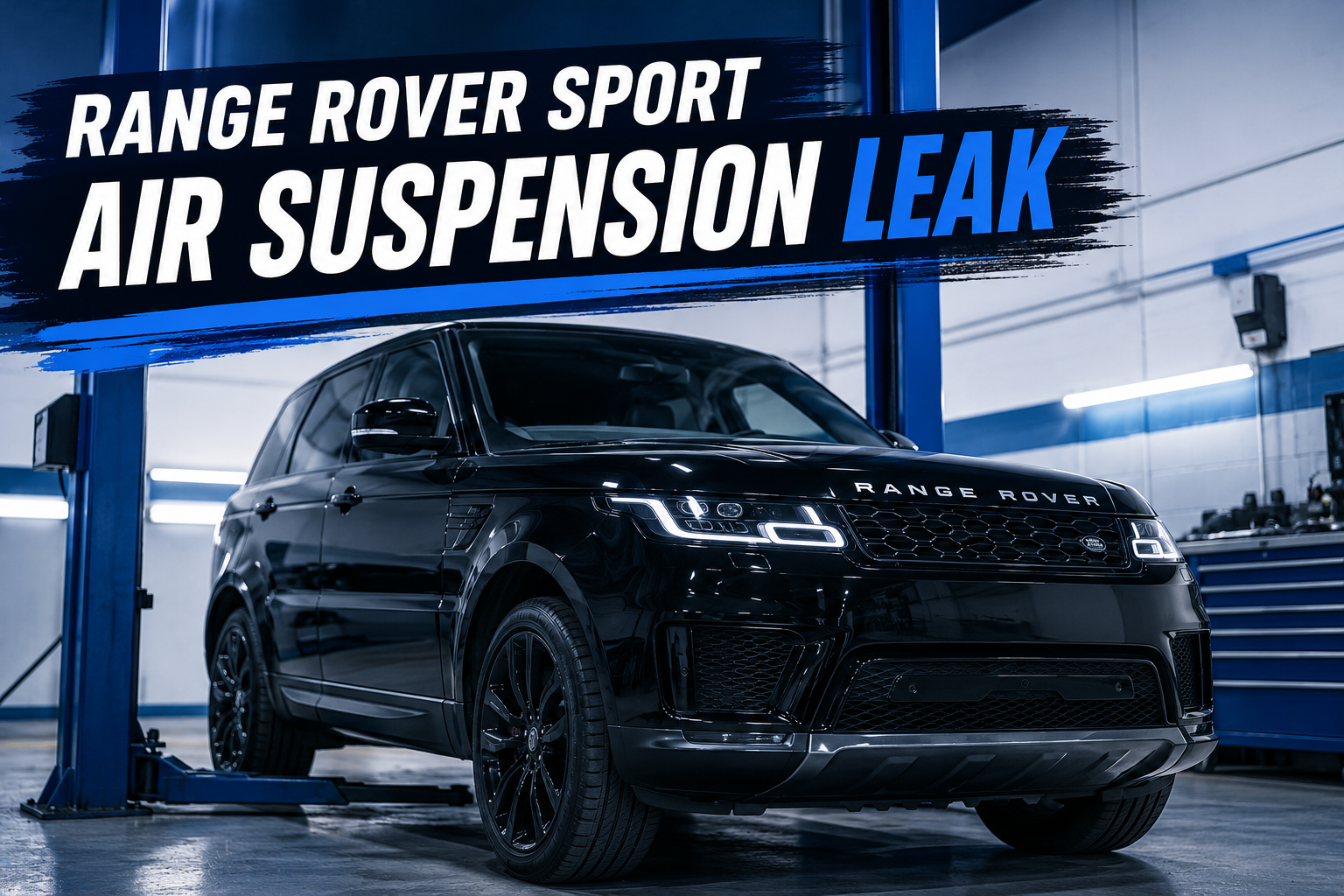 Black Range Rover Sport in a modern blue-and-white workshop, highlighting an air suspension leak repair.
