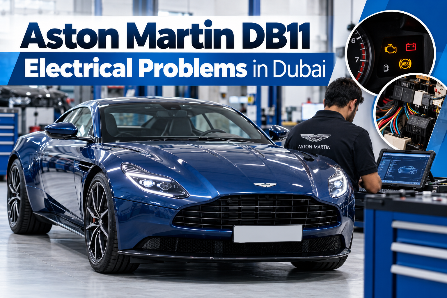 Aston Martin DB11 electrical problems in Dubai, featuring a blue DB11 in a workshop undergoing electrical diagnostics.