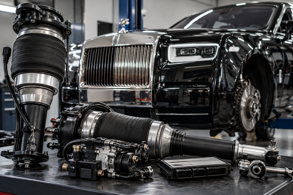 Rolls-Royce Phantom air suspension components, including air springs and suspension struts, displayed in a luxury car repair workshop.