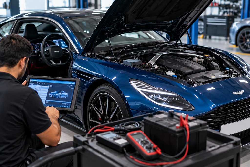 Technician performing an electrical diagnostic check on a blue Aston Martin DB11 using professional diagnostic equipment in a luxury car workshop.