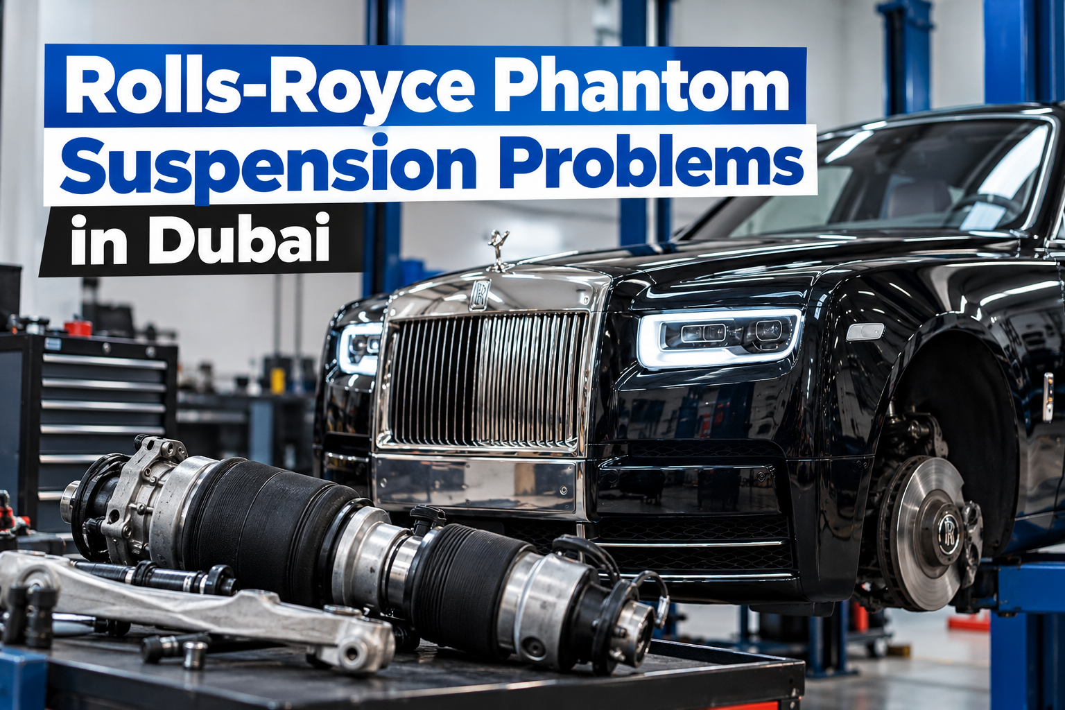 Rolls-Royce Phantom suspension problems in Dubai, featuring a black luxury sedan and air suspension components at a specialist garage.